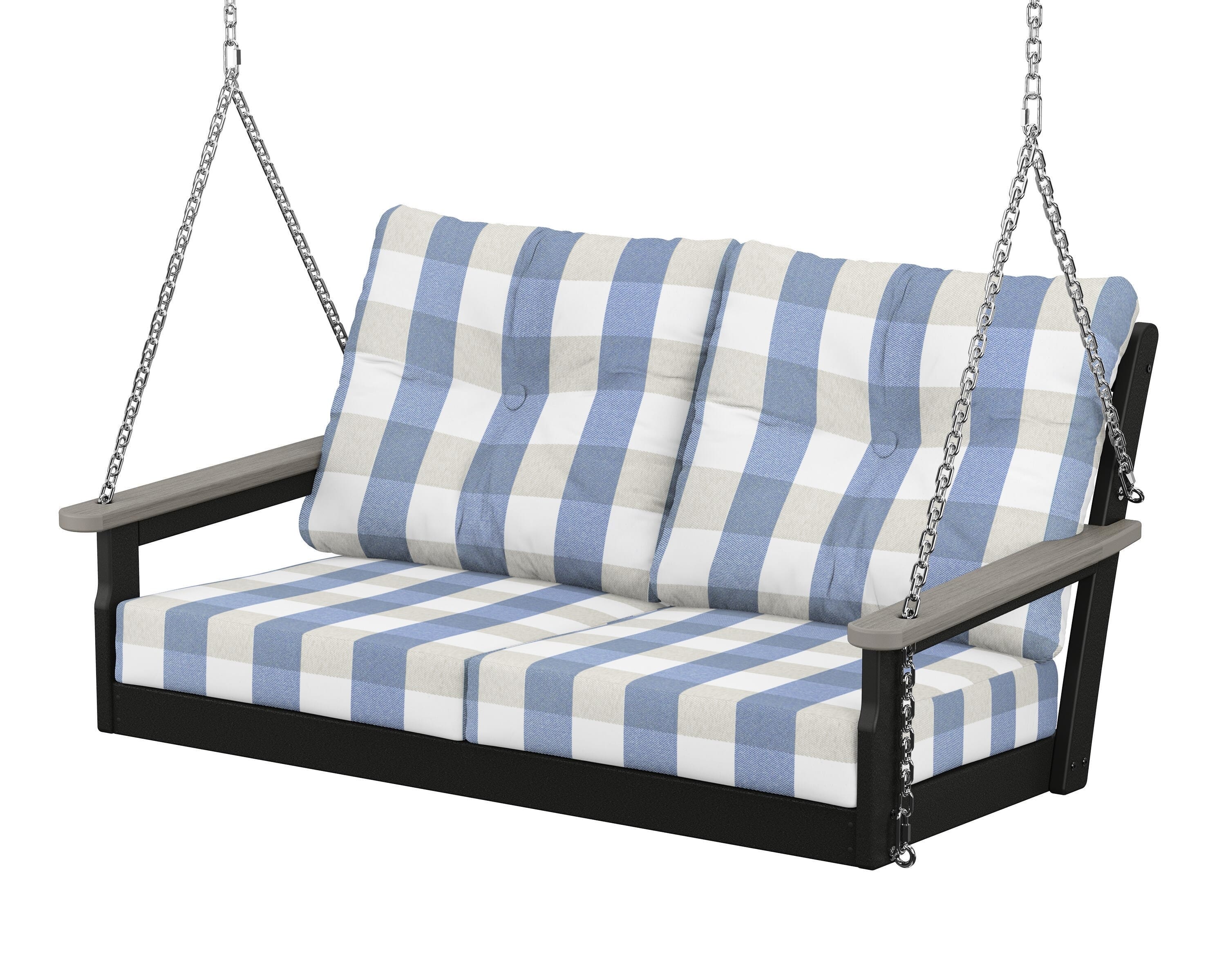 POLYWOOD® Vineyard Deep Seating Swing in Black / Driftwood / Buffalo Plaid Sky Blue