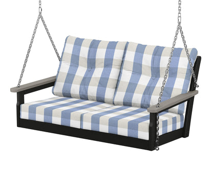 POLYWOOD® Vineyard Deep Seating Swing in Black / Driftwood / Buffalo Plaid Sky Blue