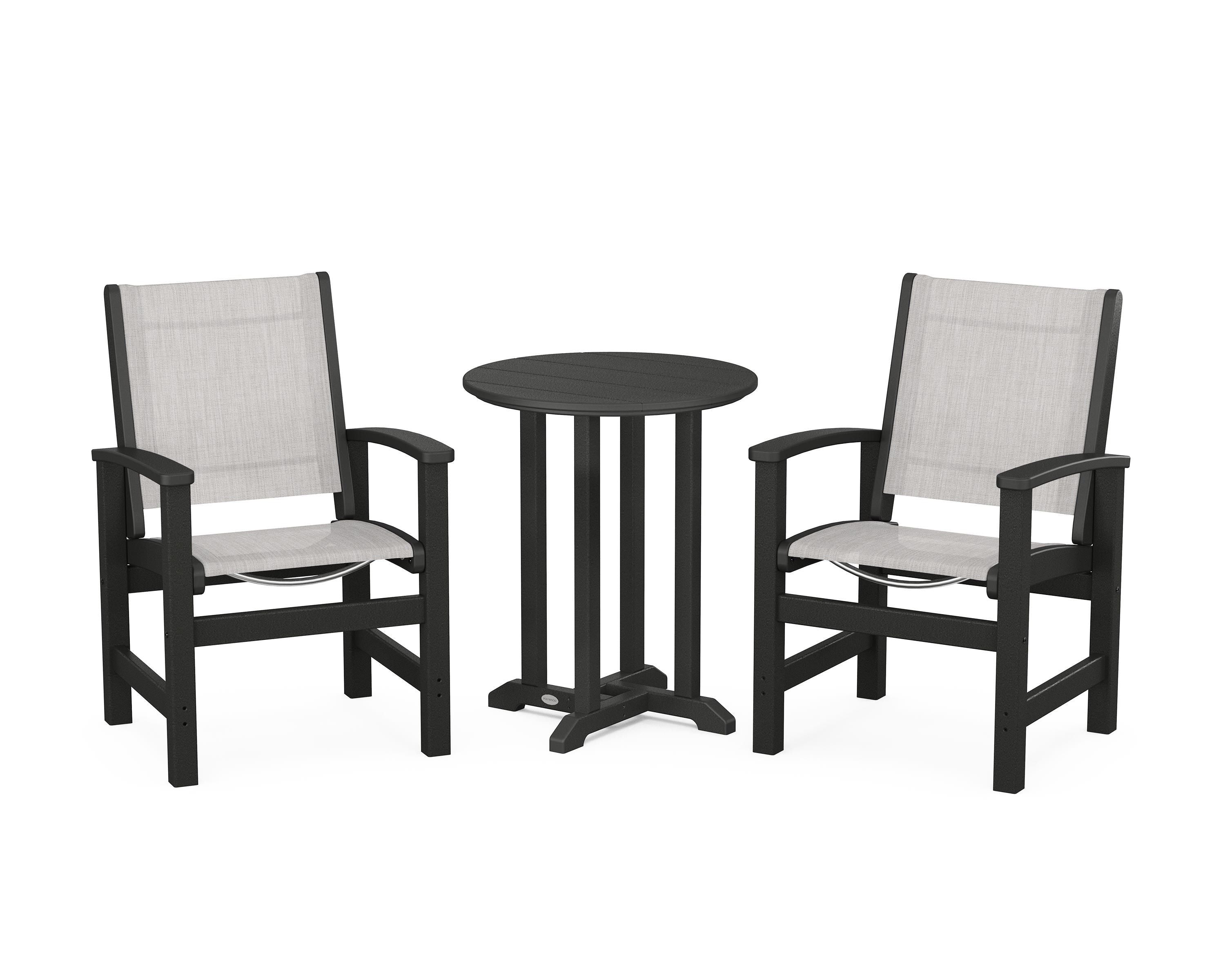 POLYWOOD® Coastal 3-Piece Round Bistro Dining Set in Black / Parchment Sling