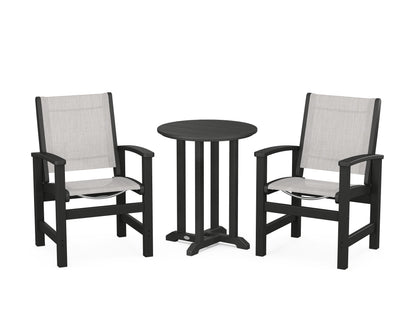 POLYWOOD® Coastal 3-Piece Round Bistro Dining Set in Black / Parchment Sling