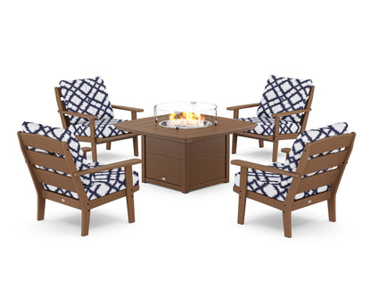 POLYWOOD® Lakeside 5-Piece Deep Seating Set with Nautical Fire Pit Table in Teak / Trellis Navy