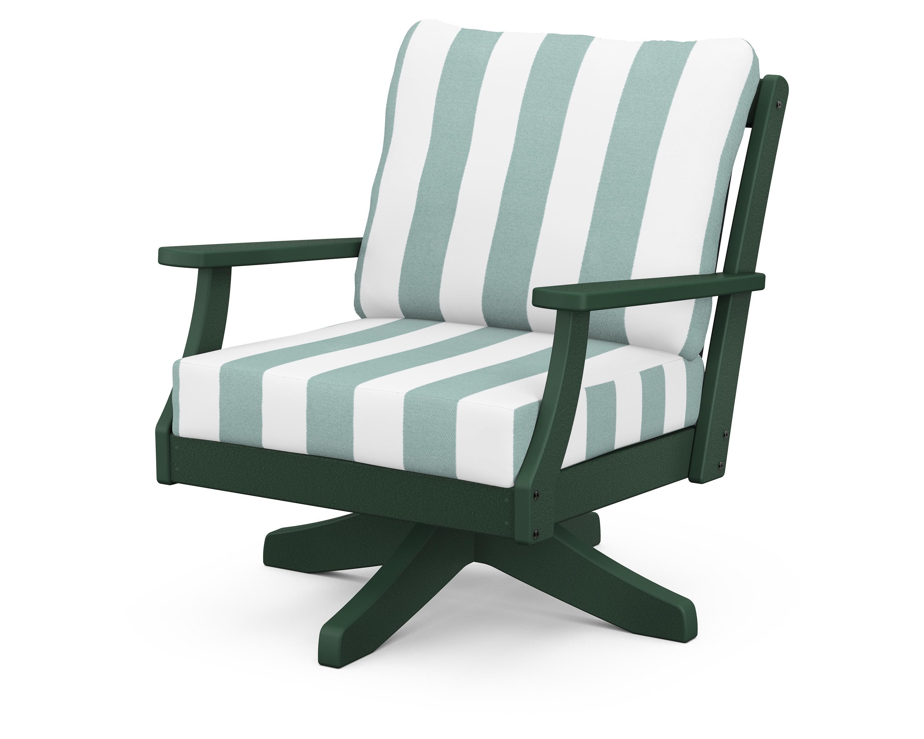 POLYWOOD® Braxton Deep Seating Swivel Chair in Green / Cabana Stripe Glacier Spa