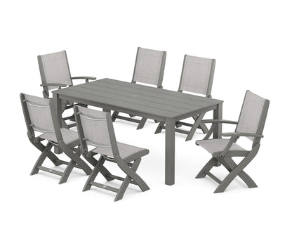 POLYWOOD® Coastal Folding Chair 7-Piece Parsons Dining Set in Green / Black Sling