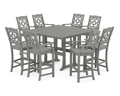 Martha Stewart by POLYWOOD® Chinoiserie 9-Piece Square Farmhouse Bar Set with Trestle Legs in Slate Grey