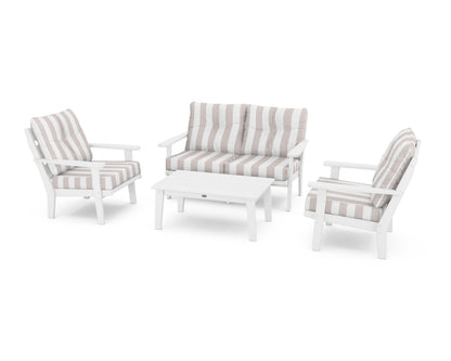 POLYWOOD® Lakeside 4-Piece Deep Seating Set in White / Cabana Stripe Dune Burlap