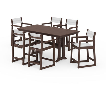 POLYWOOD® EDGE Sling Arm Chair 7-Piece Farmhouse Counter Set with Trestle Legs in Mahogany / White Sling