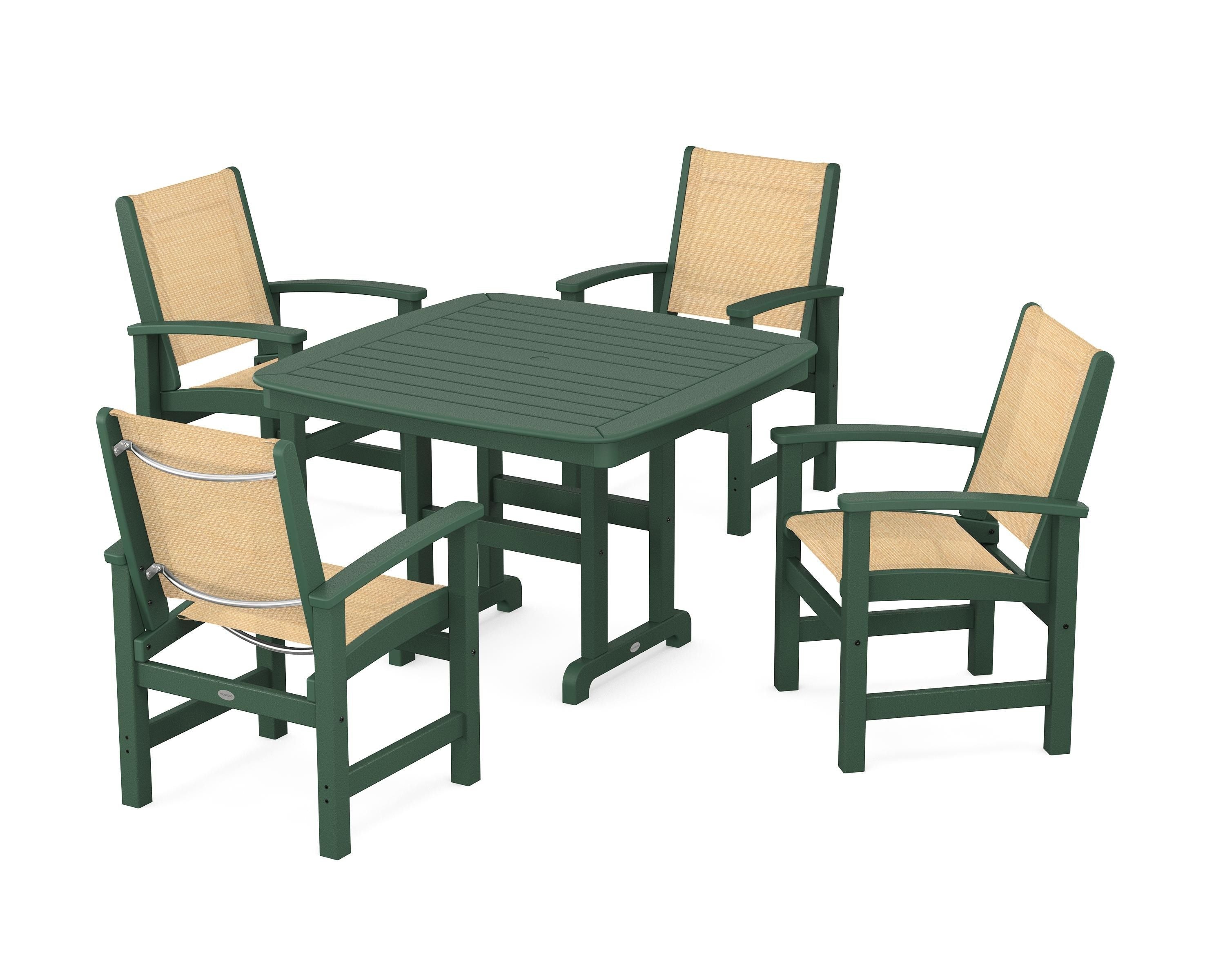 POLYWOOD® Coastal 5-Piece Dining Set in Green / Dupioni Apricot Sling