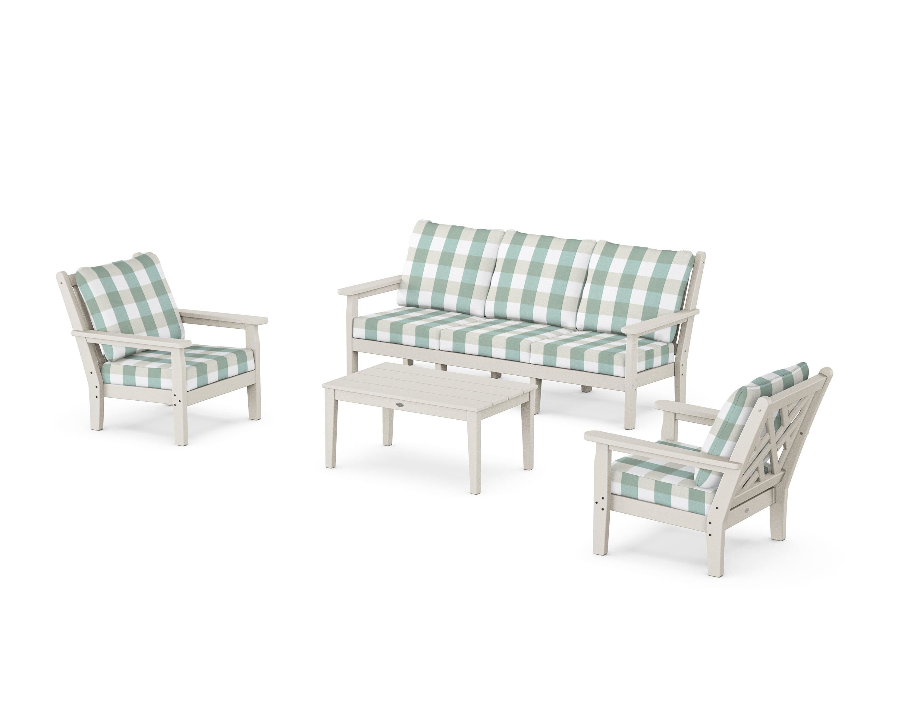 POLYWOOD® Chippendale 4-Piece Deep Seating Set with Sofa in Sand / Buffalo Plaid Glacier Spa