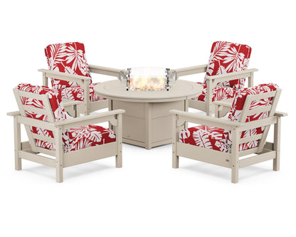 POLYWOOD® Club 5-Piece Conversation Set with Fire Pit Table in Sand / Leaf Crimson