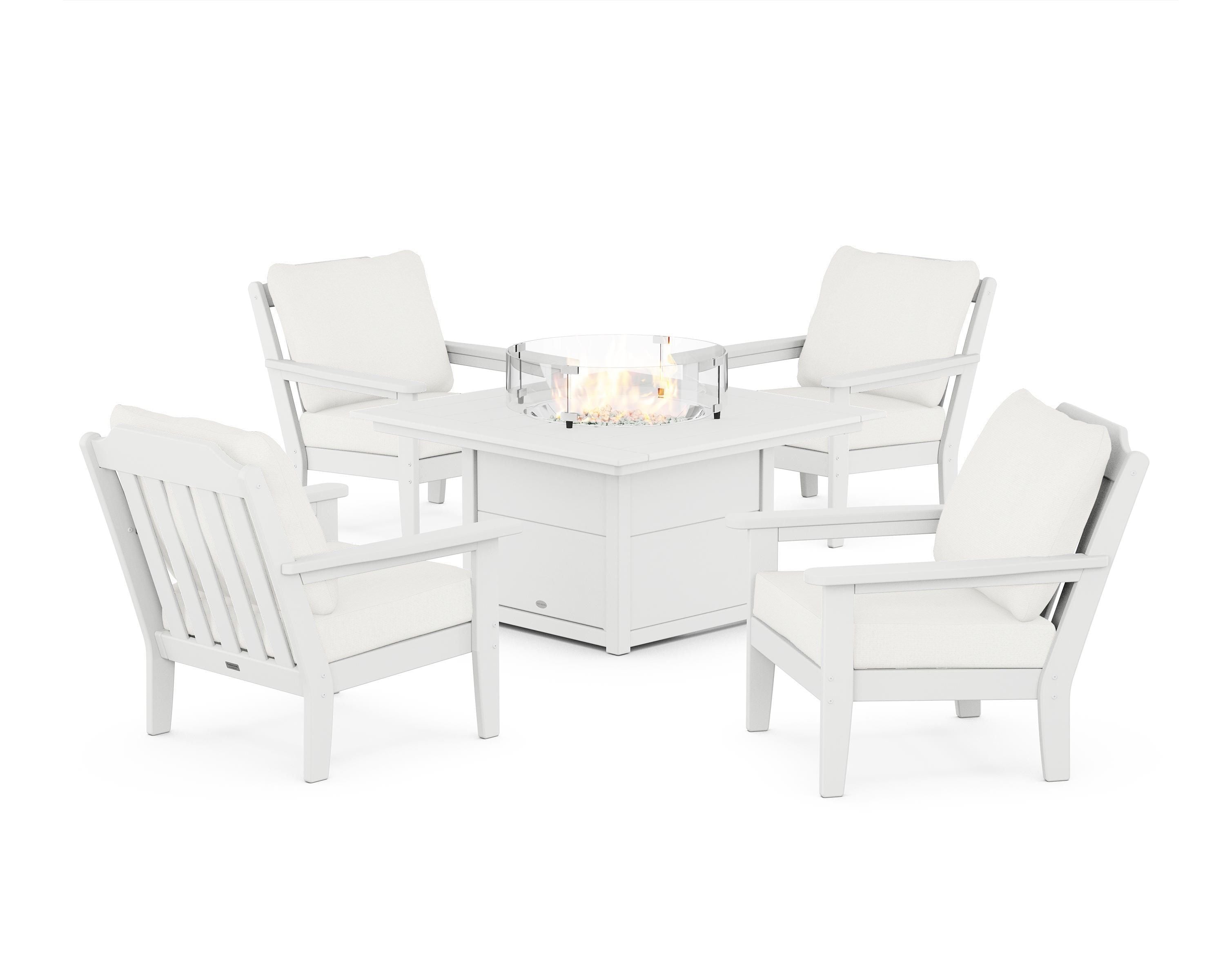 Country Living Cottage 5-Piece Deep Seating Set with Fire Pit Table in White / Natural Linen