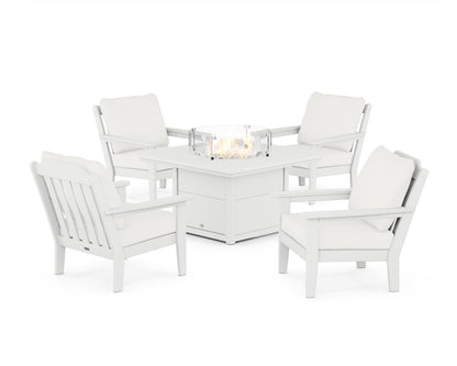 Country Living Cottage 5-Piece Deep Seating Set with Fire Pit Table in White / Natural Linen