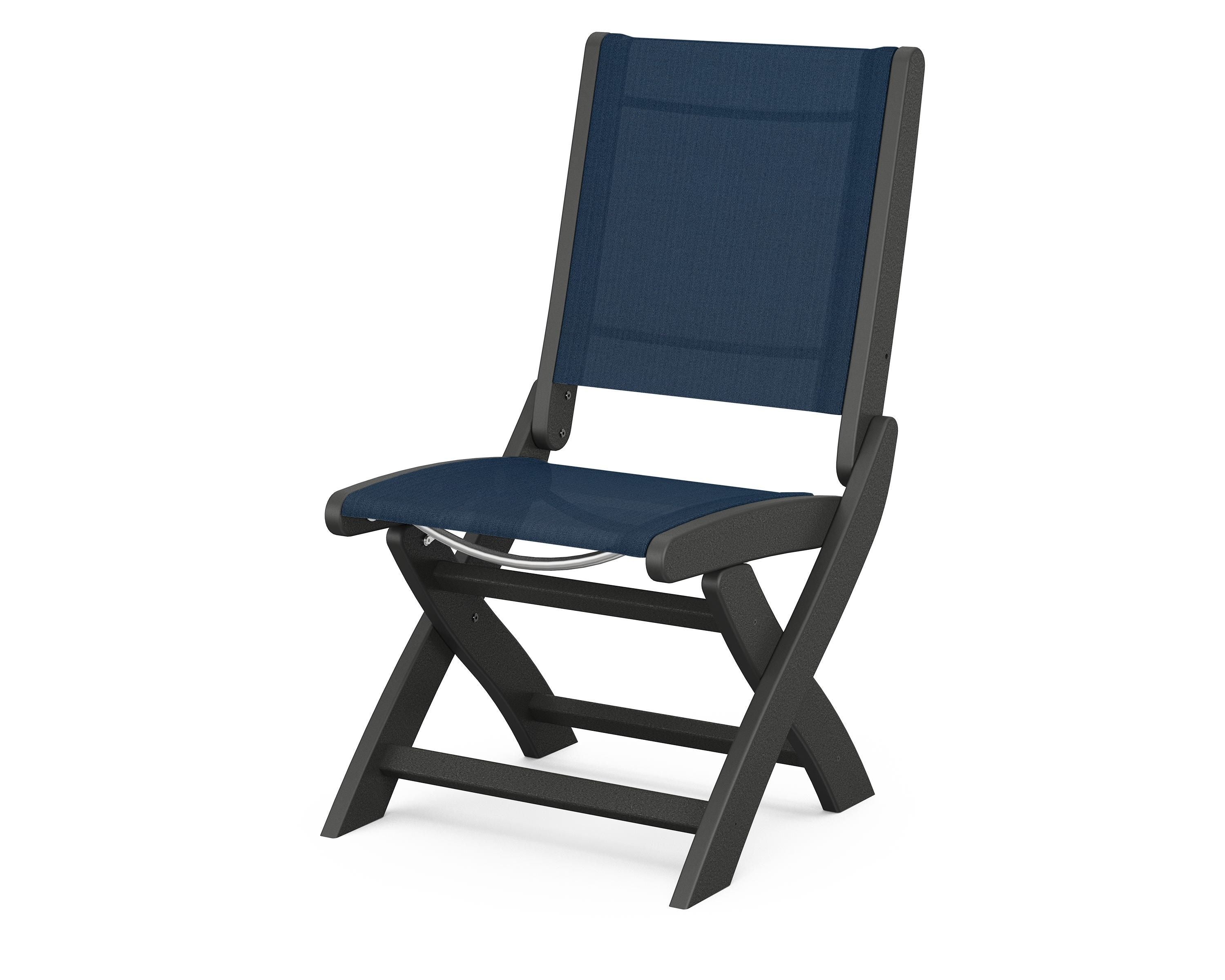 POLYWOOD® Coastal Folding Side Chair in Black / Navy Blue Sling