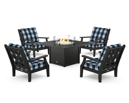 Country Living Wovendale 5-Piece Deep Seating Set with Fire Pit Table in Black / Buffalo Plaid Marine Indigo
