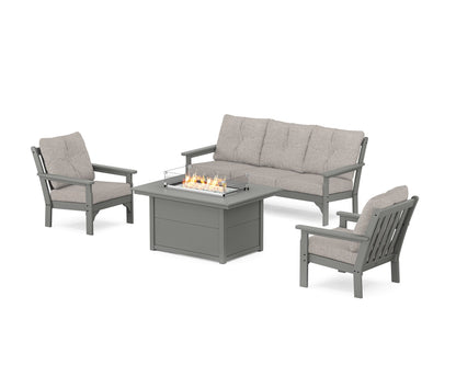 POLYWOOD® Vineyard Deep Seating Fire Pit Table Set in Slate Grey / Weathered Tweed