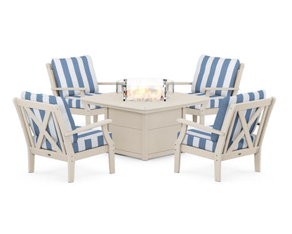 POLYWOOD® Braxton 5-Piece Deep Seating Conversation Set with Fire Pit Table in Sand / Cabana Stripe Sky Blue