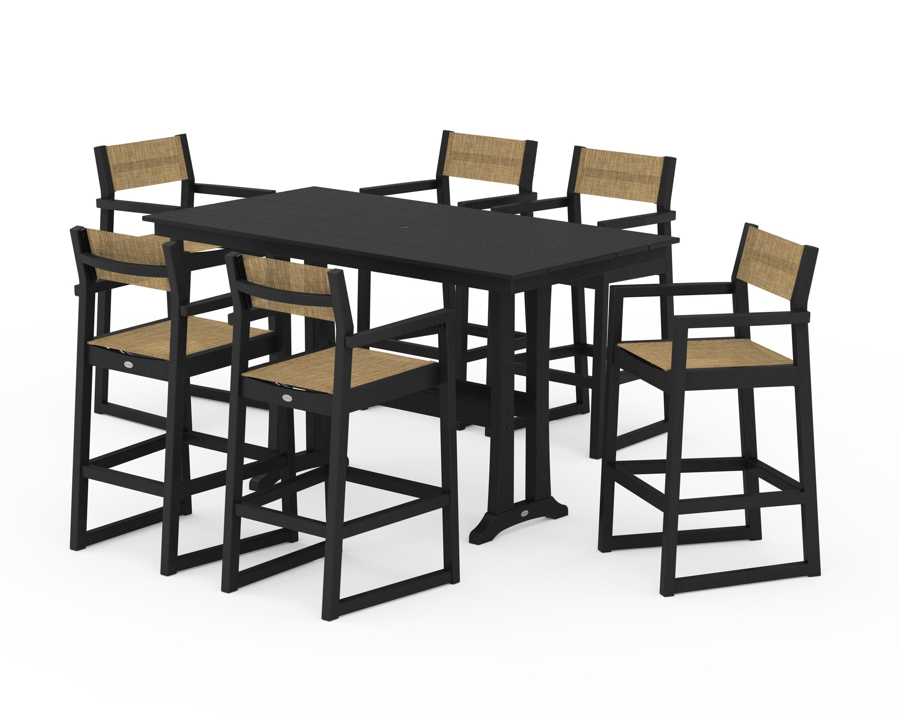 POLYWOOD® EDGE Sling Arm Chair 7-Piece Farmhouse Bar Set with Trestle Legs in Black / Burlap Sling
