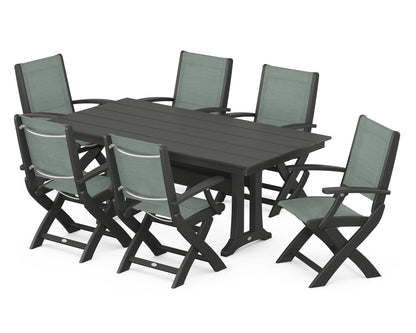 POLYWOOD® Coastal Folding Arm Chair 7-Piece Farmhouse Dining Set with Trestle Legs in Black / Dupioni Sea Mist Sling