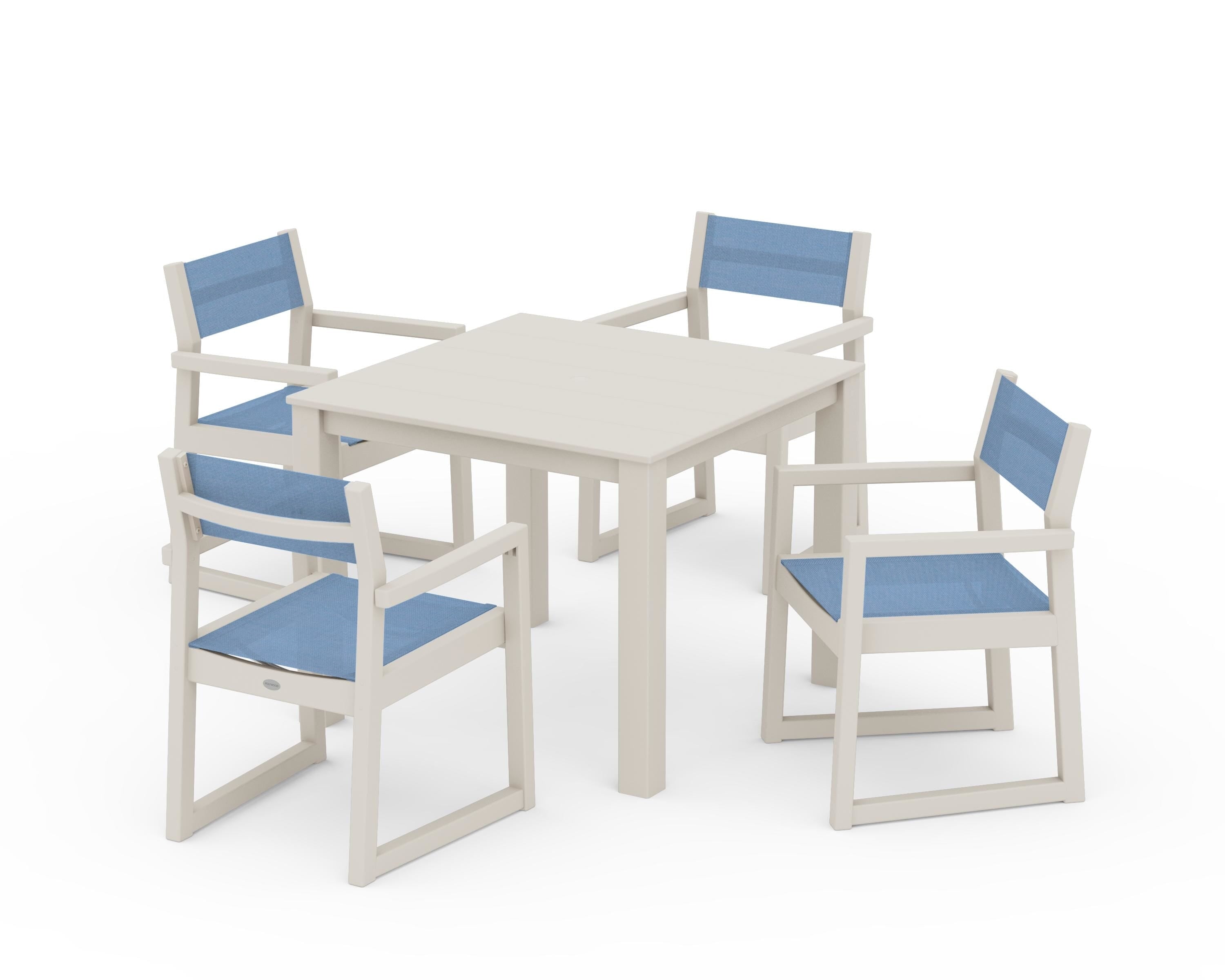 POLYWOOD® EDGE Sling Arm Chair 5-Piece Parsons Dining Set in Sand / Poolside Sling