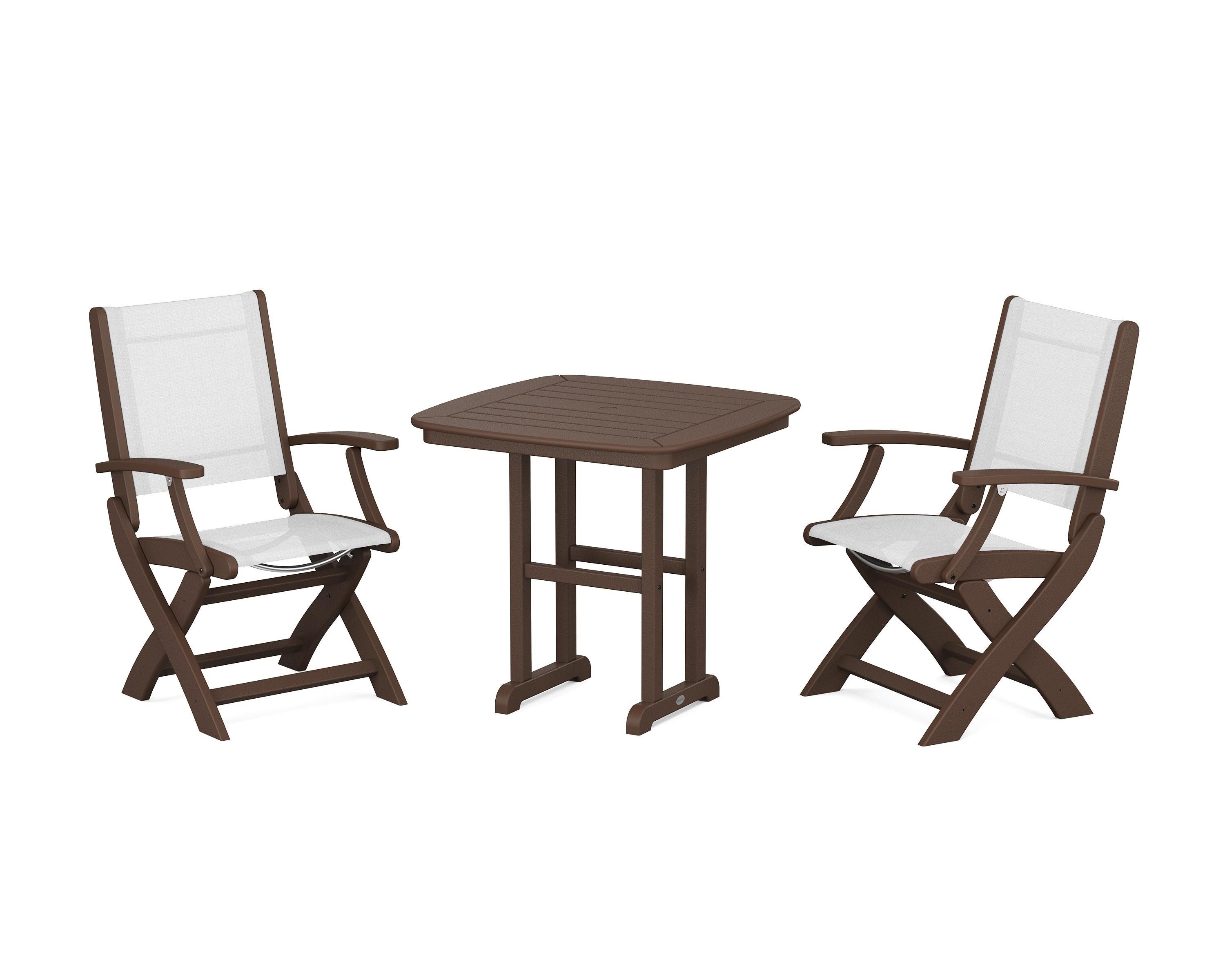 POLYWOOD® Coastal Folding Chair 3-Piece Dining Set in Mahogany / White Sling