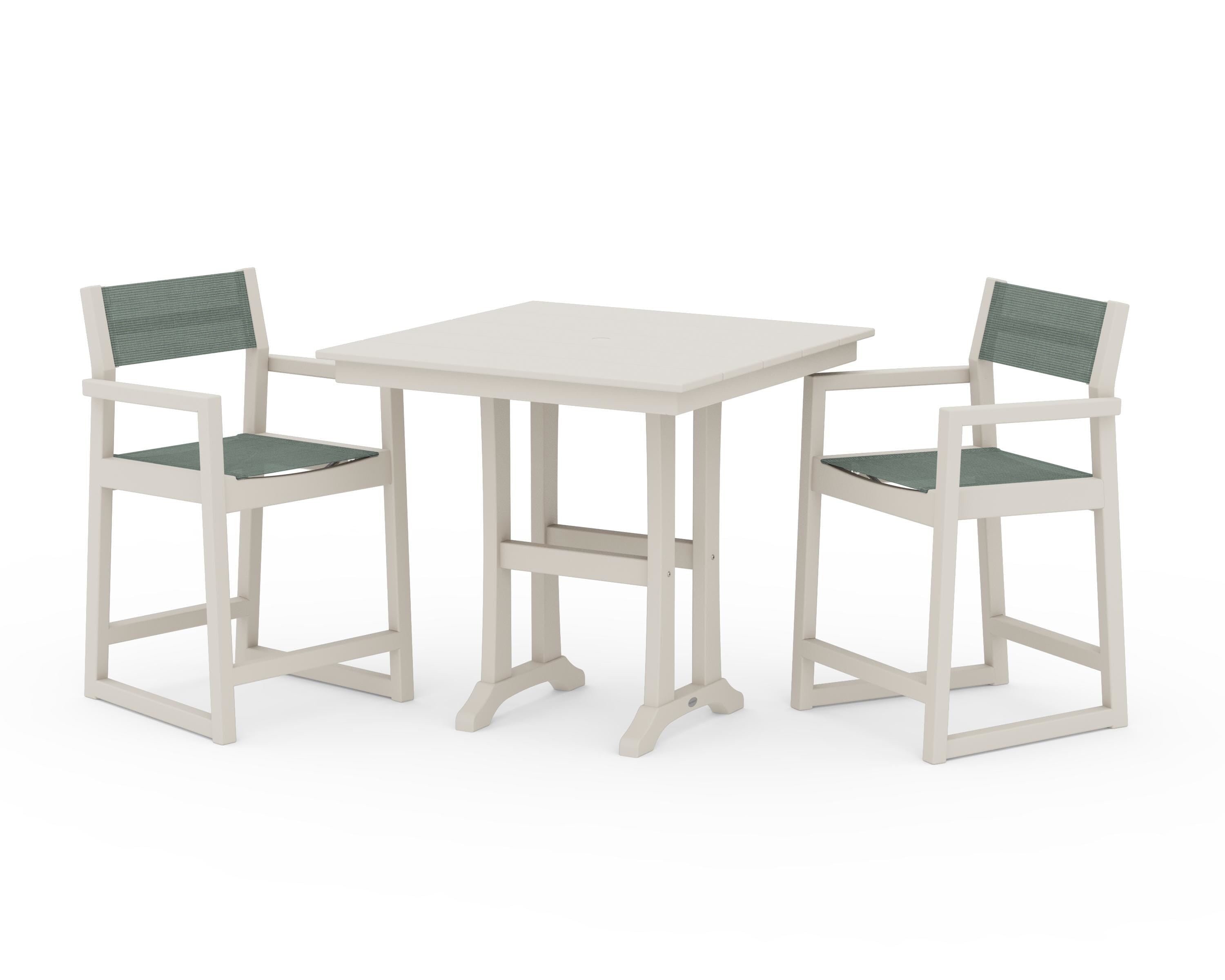 POLYWOOD® EDGE Sling Arm Chair 3-Piece Farmhouse Counter Set with Trestle Legs in Sand / Dupioni Sea Mist Sling
