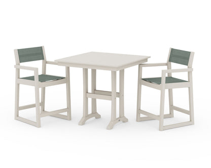 POLYWOOD® EDGE Sling Arm Chair 3-Piece Farmhouse Counter Set with Trestle Legs in Sand / Dupioni Sea Mist Sling