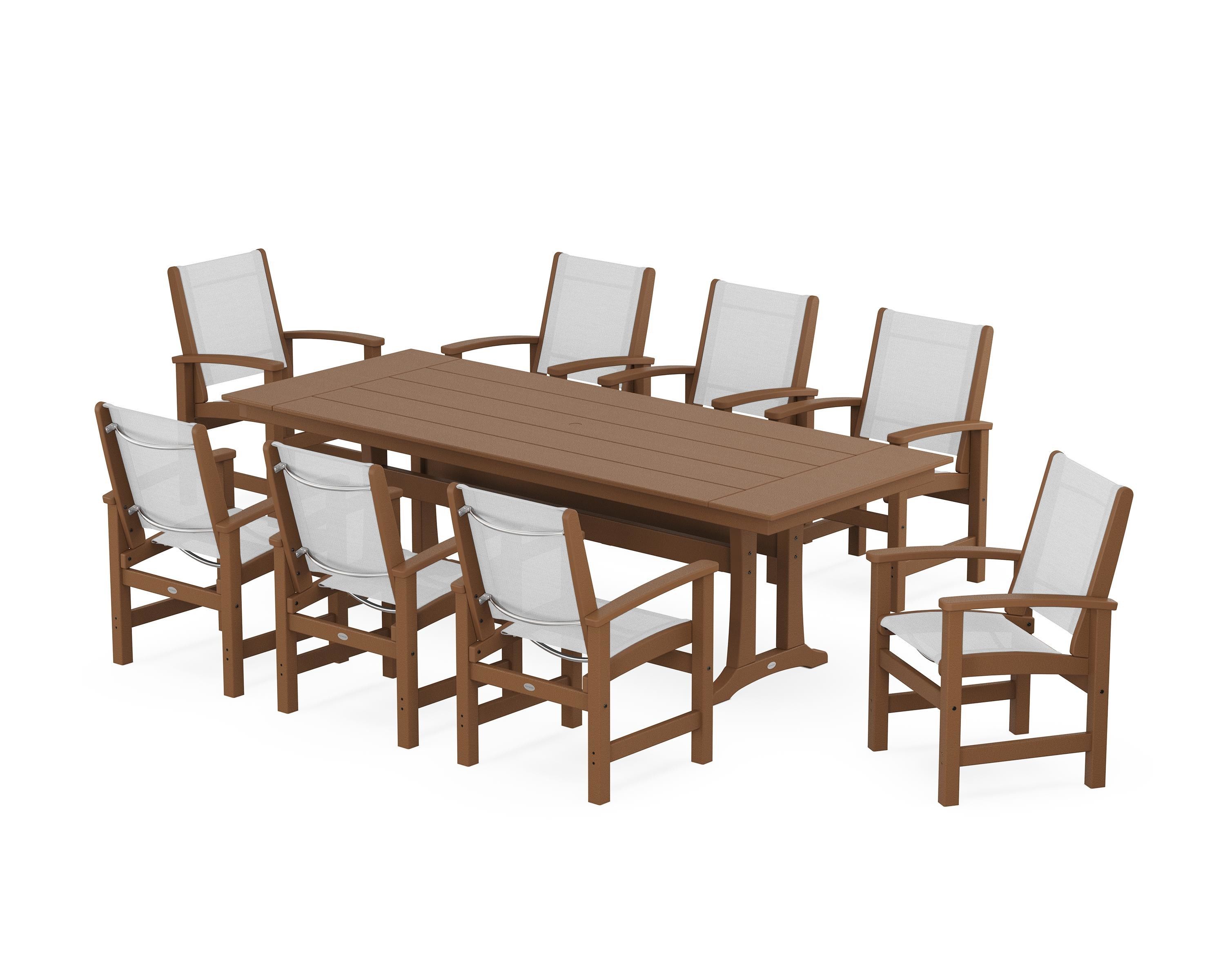 POLYWOOD® Coastal 9-Piece Farmhouse Dining Set with Trestle Legs in Teak / White Sling