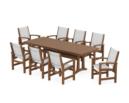 POLYWOOD® Coastal 9-Piece Farmhouse Dining Set with Trestle Legs in Teak / White Sling