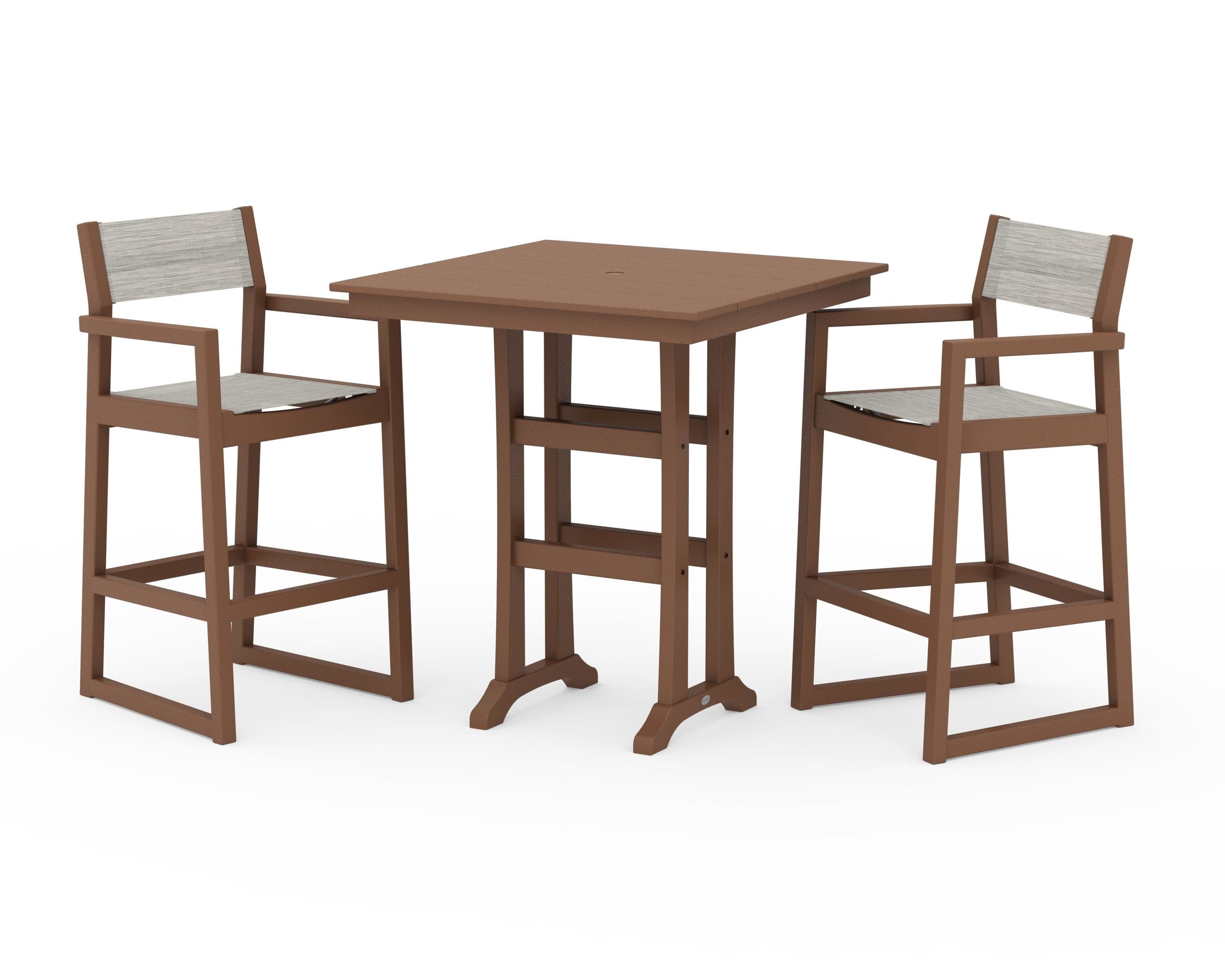 POLYWOOD® EDGE Sling Arm Chair 3-Piece Farmhouse Bar Set with Trestle Legs in Teak / Birch Sling