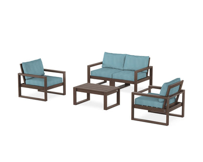 POLYWOOD® EDGE Sectional 4-Piece Deep Seating Set with Loveseat in Mahogany / Lattice Sky Blue