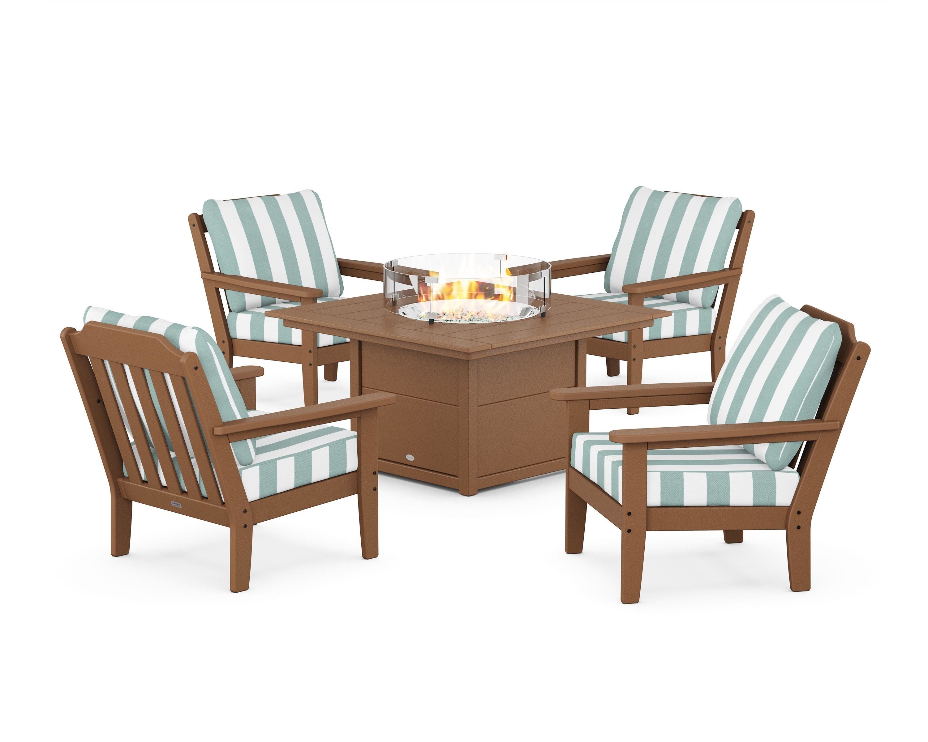 Country Living Cottage 5-Piece Deep Seating Set with Fire Pit Table in Teak / Cabana Stripe Glacier Spa