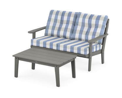 POLYWOOD® Lakeside 2-Piece Lounge Loveseat Set in Slate Grey / Buffalo Plaid Sky Blue