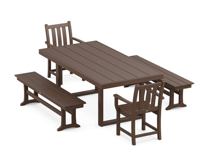 POLYWOOD® Traditional Garden 5-Piece Dining Set with Benches in Mahogany