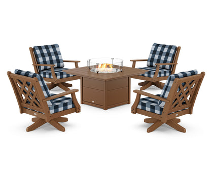 Country Living Wovendale 5-Piece Deep Seating Swivel Conversation Set with Fire Pit Table in Teak / Buffalo Plaid Marine Indigo
