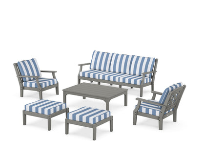 Martha Stewart by POLYWOOD® Chinoiserie 6-Piece Lounge Sofa Set in Slate Grey / Cabana Stripe Sky Blue
