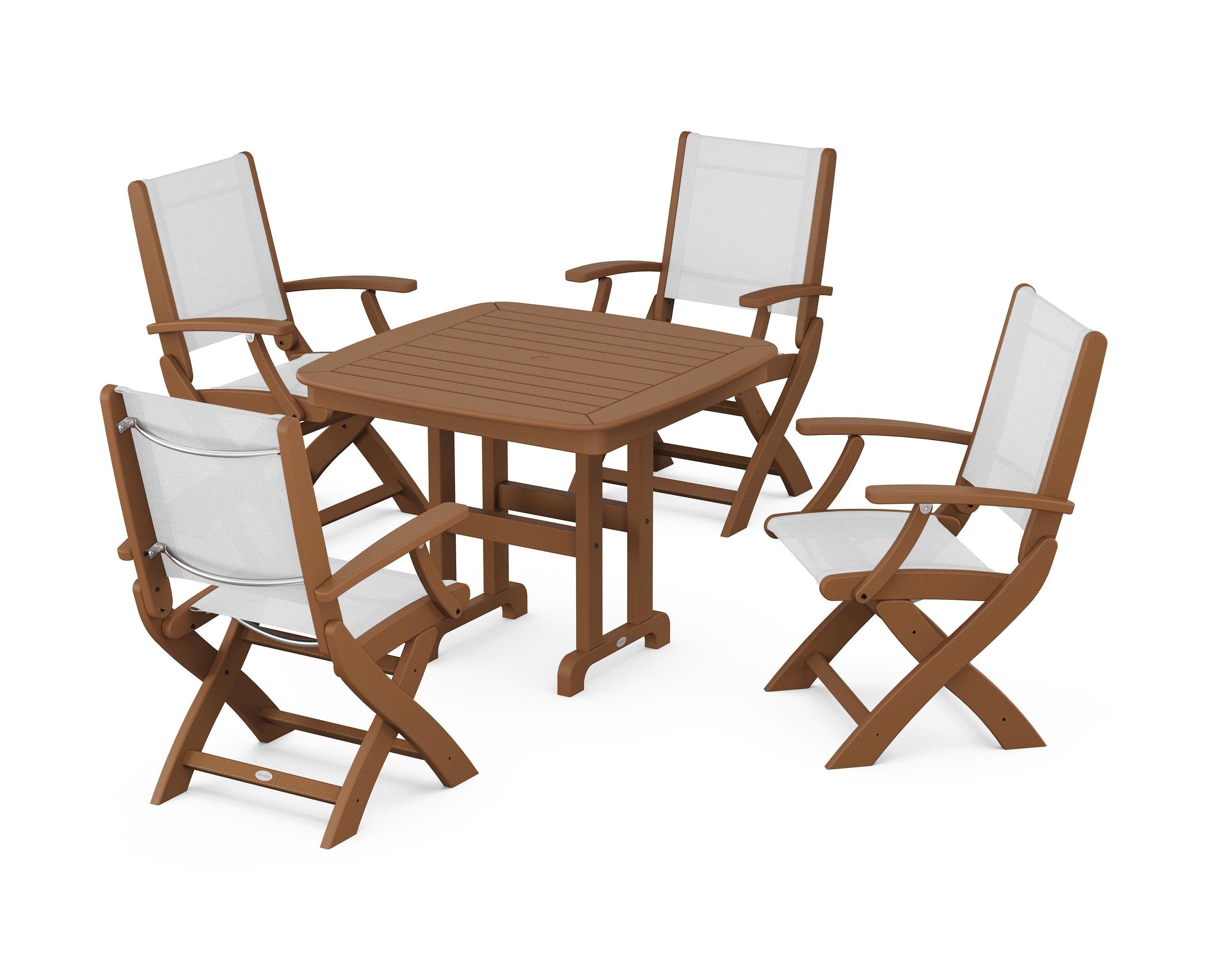 POLYWOOD® Coastal Folding Chair 5-Piece Dining Set in Teak / White Sling