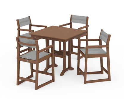 POLYWOOD® EDGE Sling Arm Chair 5-Piece Farmhouse Counter Set with Trestle Legs in Teak / Metallic Sling
