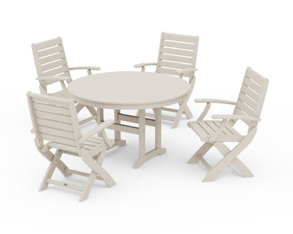 POLYWOOD® Signature Folding Chair 5-Piece Round Farmhouse Dining Set in Sand