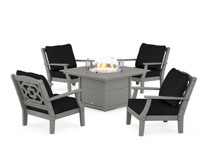 Martha Stewart by POLYWOOD® Chinoiserie 5-Piece Deep Seating Set with Fire Pit Table in Slate Grey / Midnight Linen