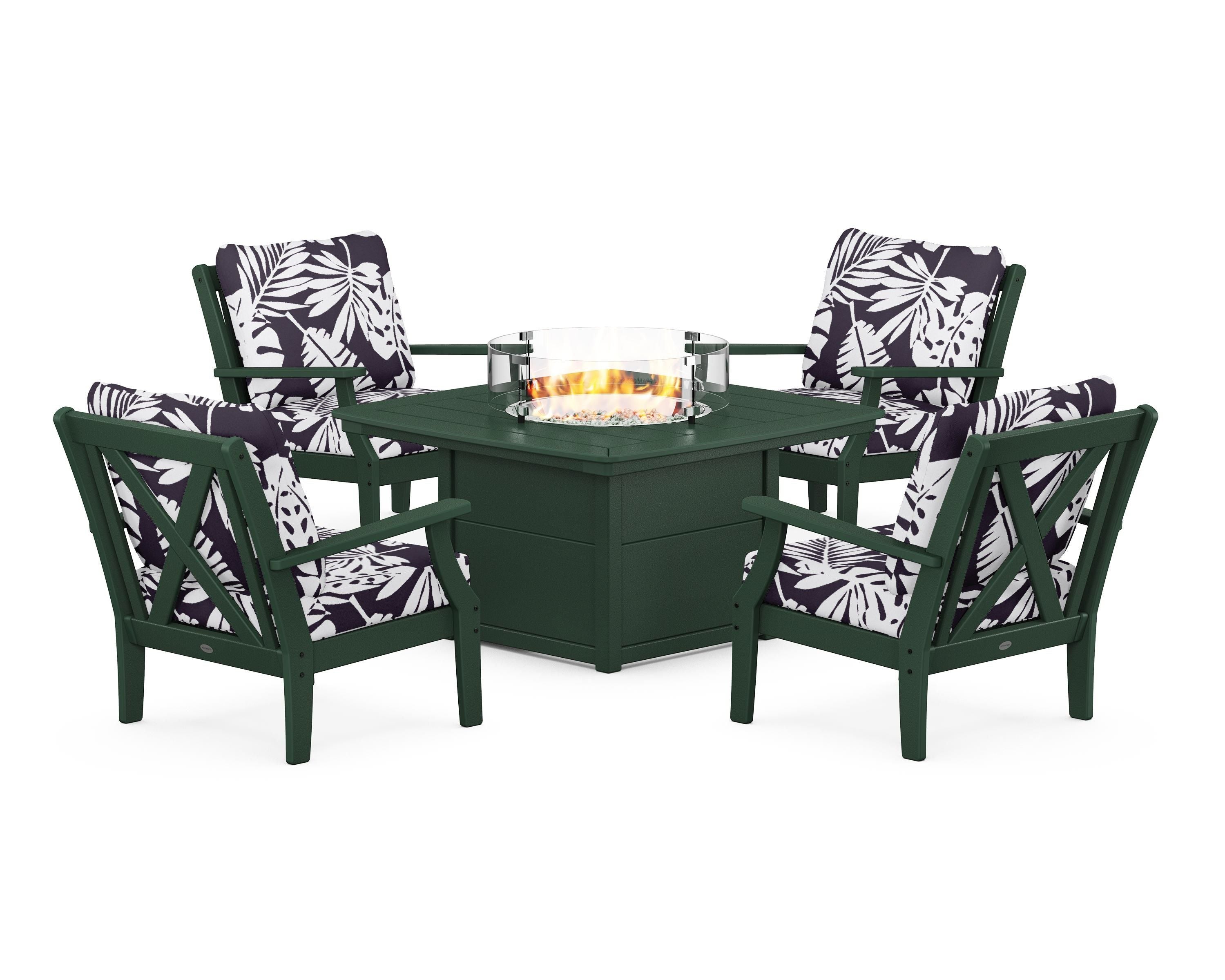 POLYWOOD® Braxton 5-Piece Deep Seating Conversation Set with Fire Pit Table in Green / Leaf Navy