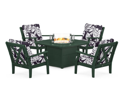 POLYWOOD® Braxton 5-Piece Deep Seating Conversation Set with Fire Pit Table in Green / Leaf Navy