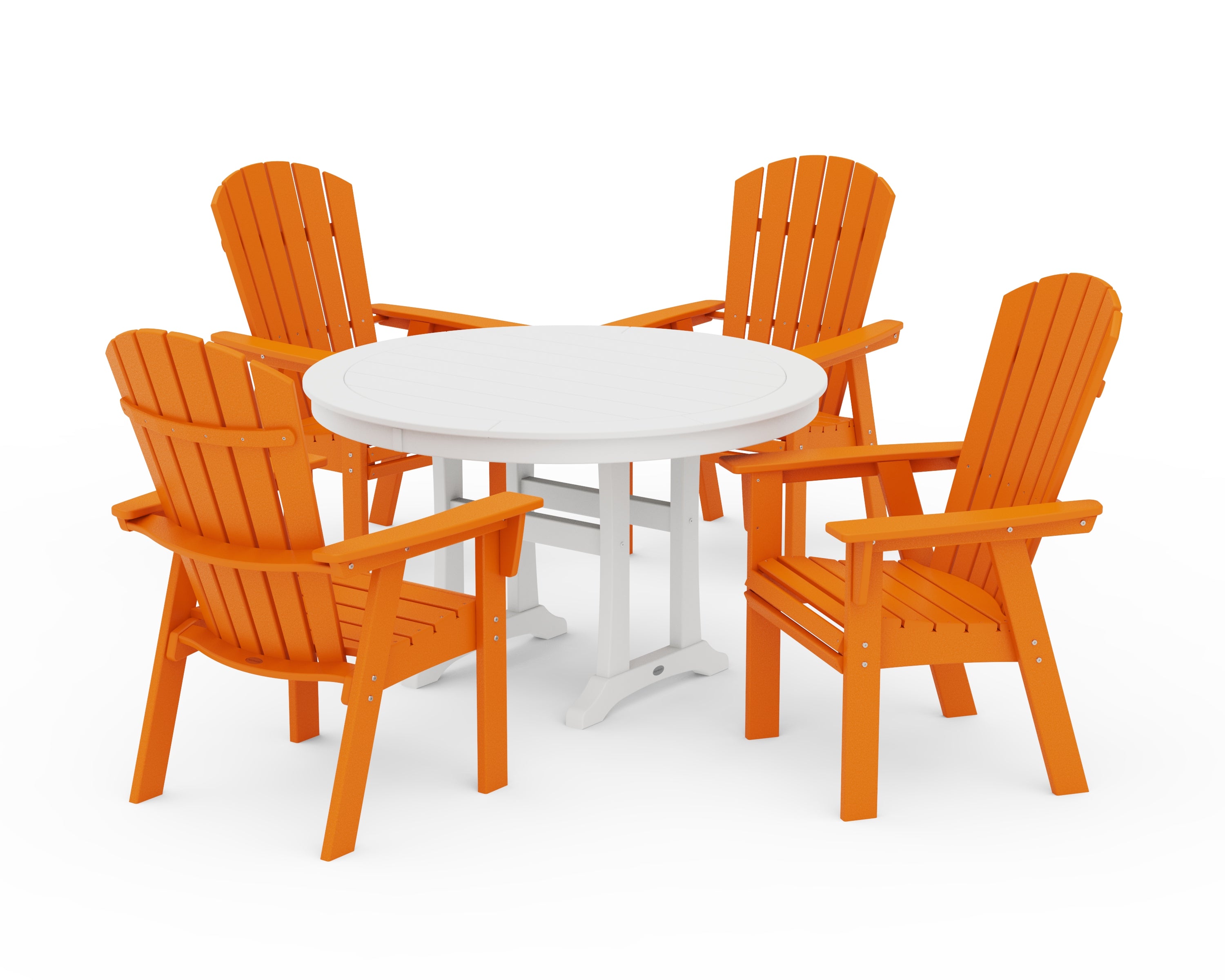 POLYWOOD® Nautical Curveback Adirondack 5-Piece Round Dining Set with Trestle Legs in Tangerine / White