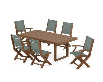 POLYWOOD® Coastal Folding Chair 7-Piece Dining Set with Trestle Legs in Teak / Dupioni Sea Mist Sling