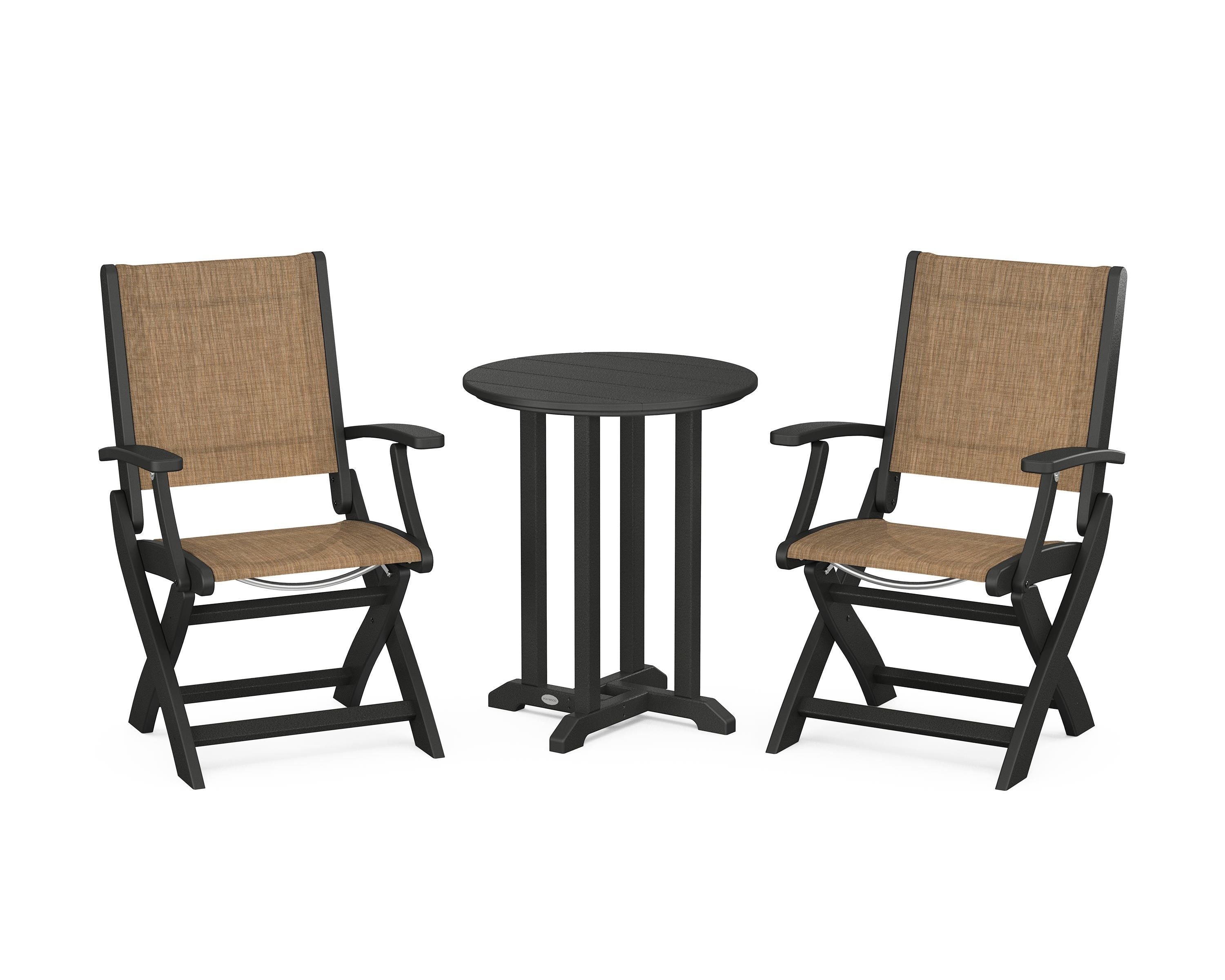 POLYWOOD® Coastal Folding 3-Piece Round Bistro Dining Set in Black / Burlap Sling