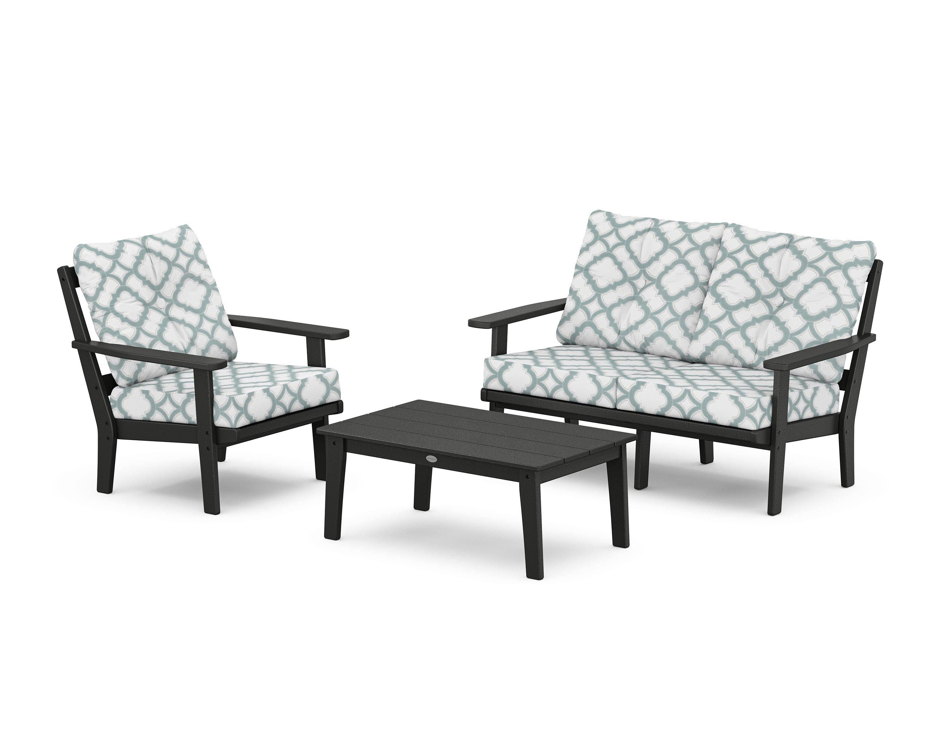 POLYWOOD® Prairie 3-Piece Deep Seating Set with Loveseat in Black / Trellis Glacier Spa