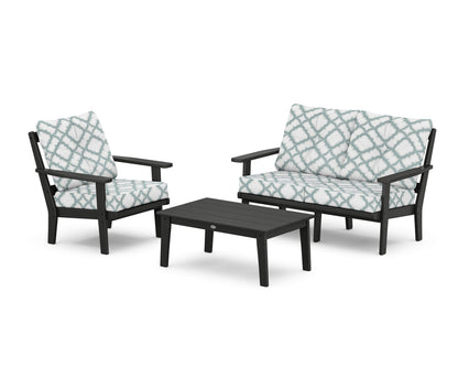 POLYWOOD® Prairie 3-Piece Deep Seating Set with Loveseat in Black / Trellis Glacier Spa