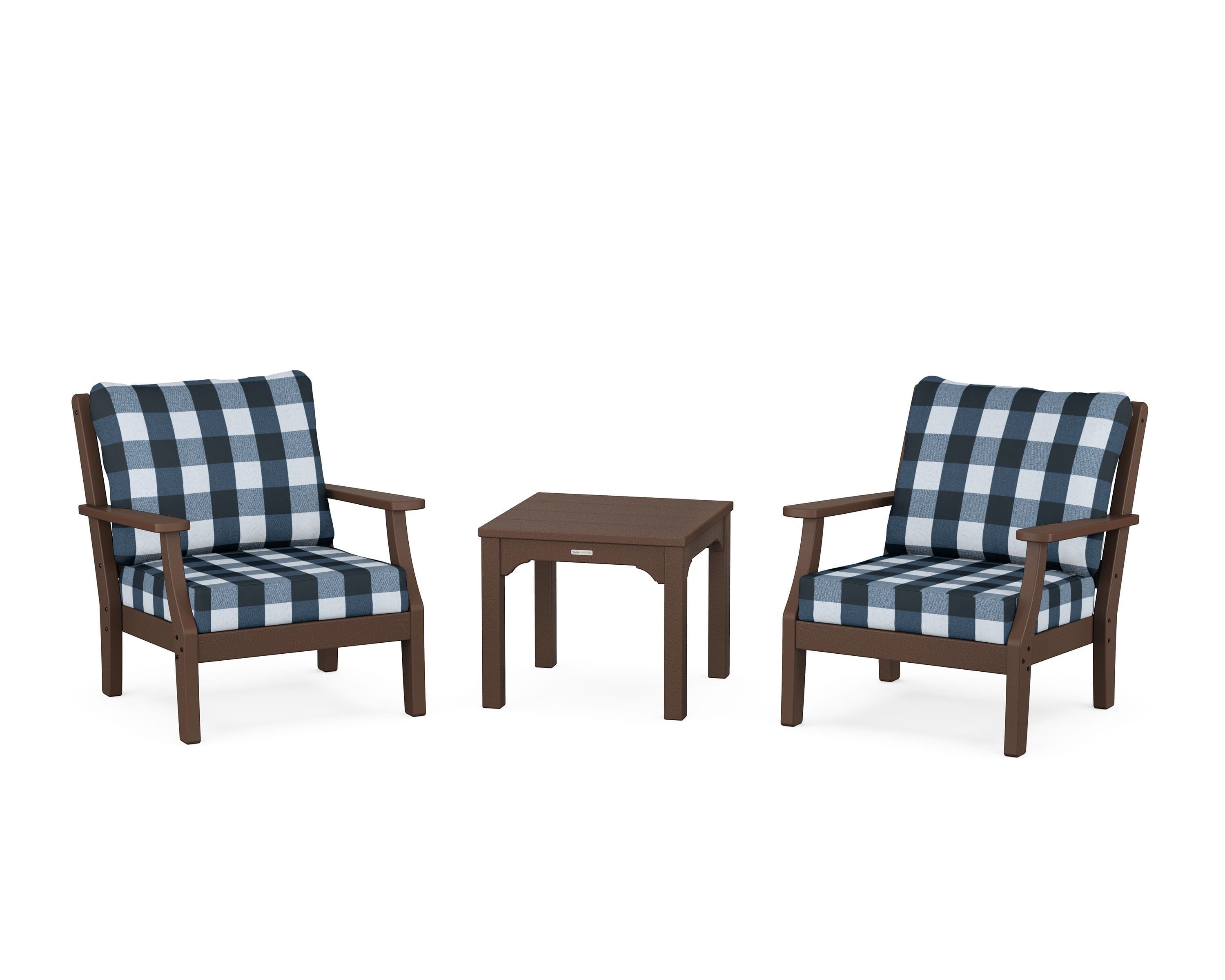 Martha Stewart by POLYWOOD® Chinoiserie 3-Piece Deep Seating Set in Mahogany / Buffalo Plaid Marine Indigo