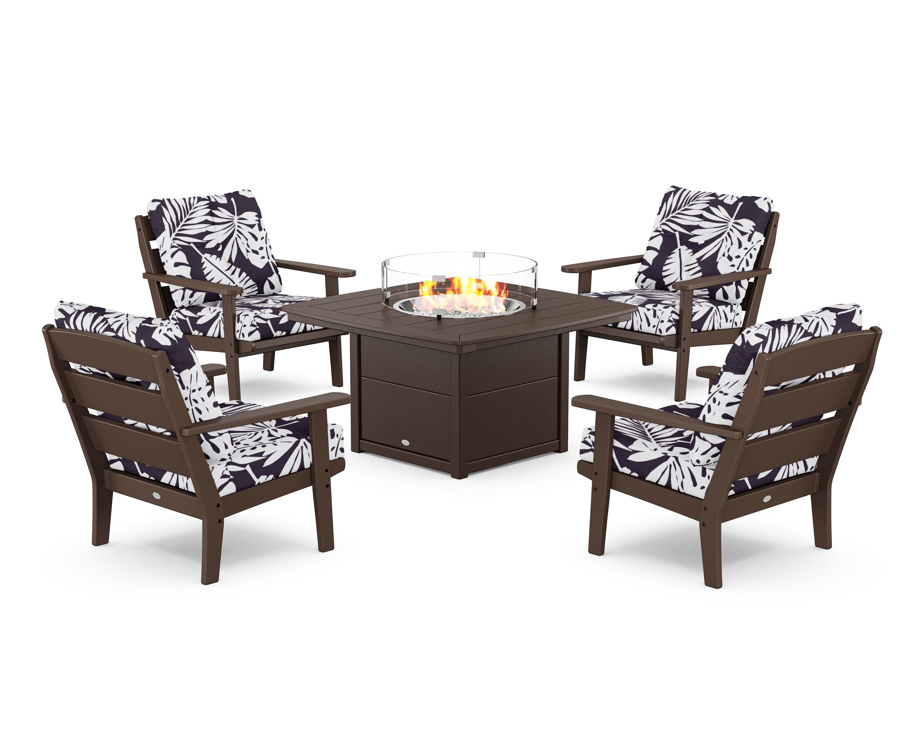 POLYWOOD® Lakeside 5-Piece Deep Seating Set with Nautical Fire Pit Table in Mahogany / Leaf Navy