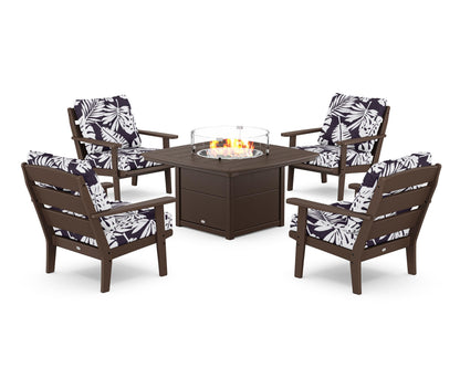 POLYWOOD® Lakeside 5-Piece Deep Seating Set with Nautical Fire Pit Table in Mahogany / Leaf Navy