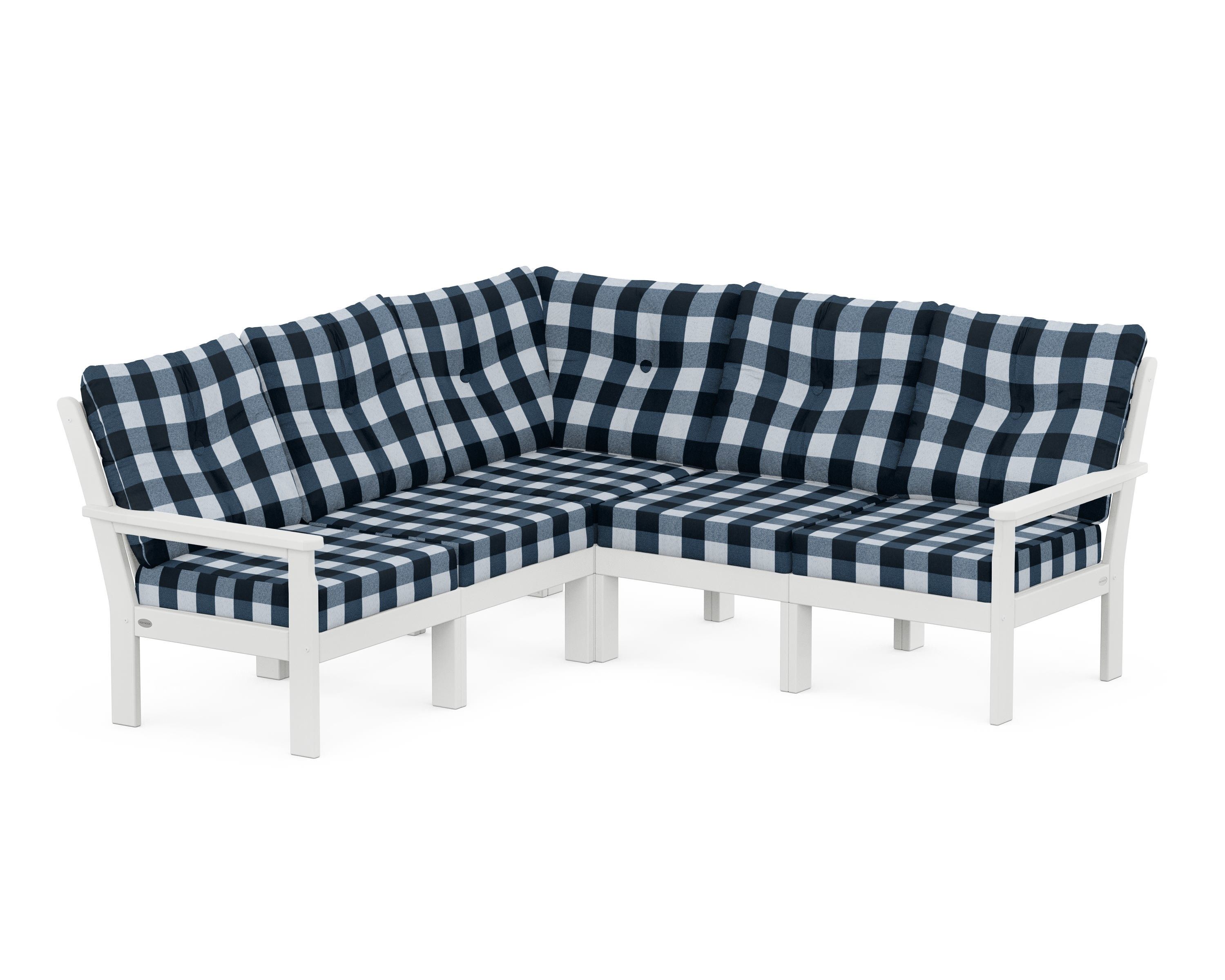POLYWOOD® Vineyard 5-Piece Sectional in White / Buffalo Plaid Marine Indigo