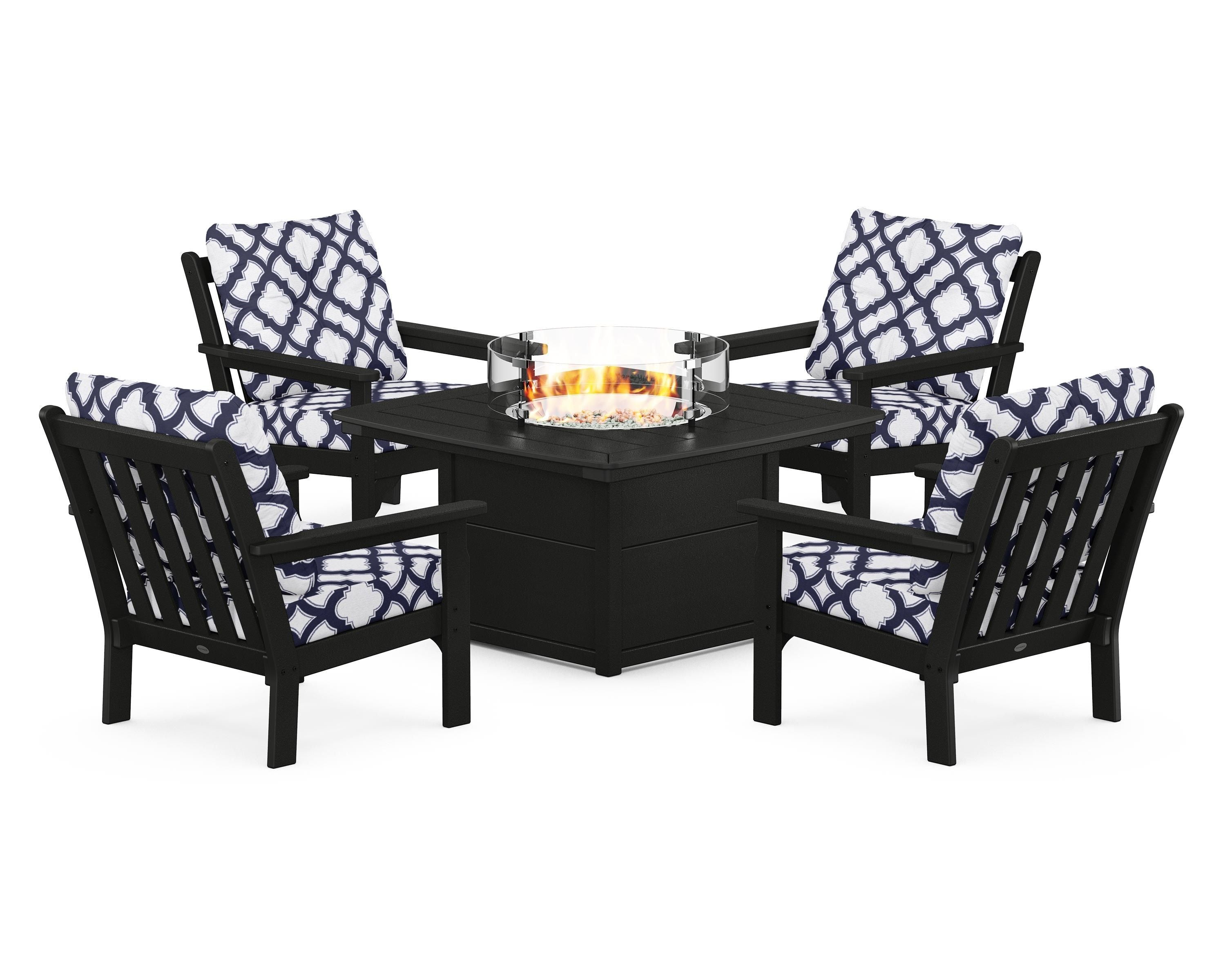 POLYWOOD® Vineyard 5-Piece Conversation Set with Fire Pit Table in Black / Trellis Navy